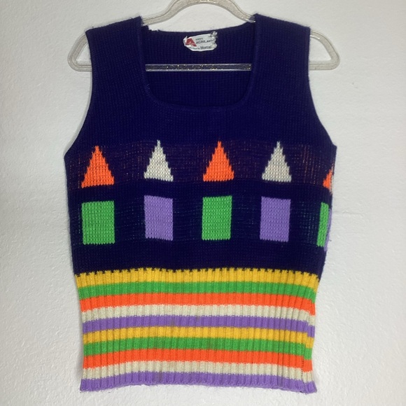 Vintage Jackets & Blazers - Vintage Square Neck Sweater Vest Stripes Geometric Acrylic Sm